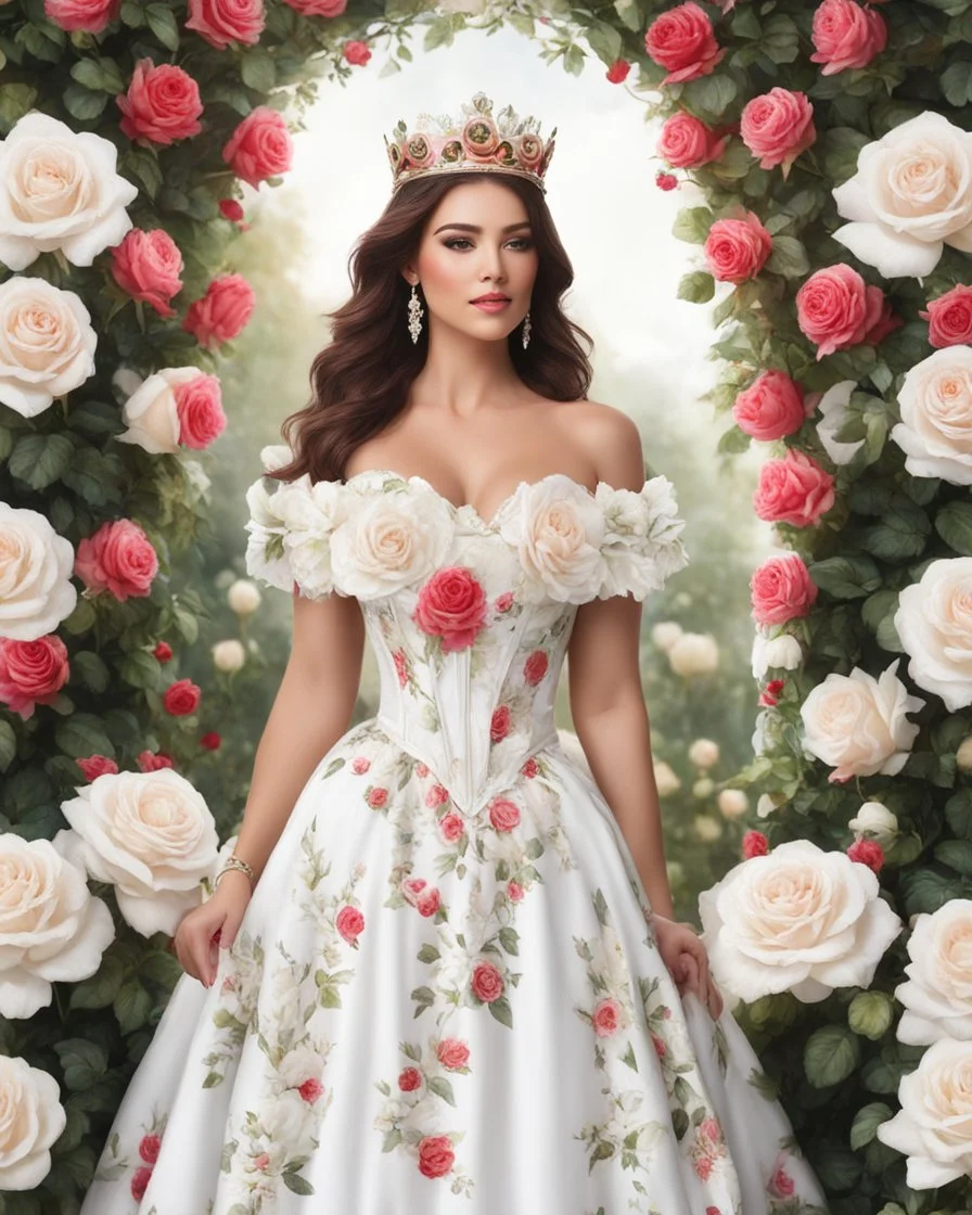 Half body realistic photography beautiful woman dressing roses pattern luxury gown roses crown, in surrounding white roses garden