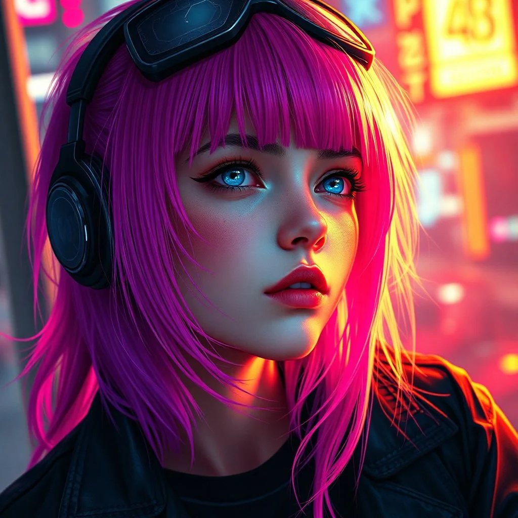 a pretty cyberpunk girl, bright coloured hair, dreaming of escape, young, futuristic, dystopia
