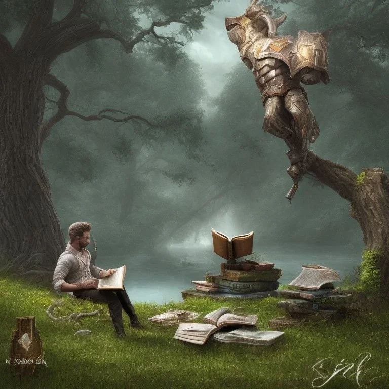 A legendary miniature with a big muscular body reading a book under a tree by the lake, 3D, realistic, magical painting, full and detailed painting components, Hollywood quality, 4K, 8K