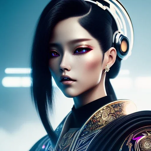 Rosalía, Cyborg anime samurai, cyberpunk, white skin, light black hair, geisha hairstyle, cobalt black eyes, blood in face, waist up portrait, 8k resolution, retroanime, intricate details, neon details, soft lighting, vibrant colors, masterpiece, intricate eyeliner, dark eyeshadow, eyes, intricate tattoos, gradient background