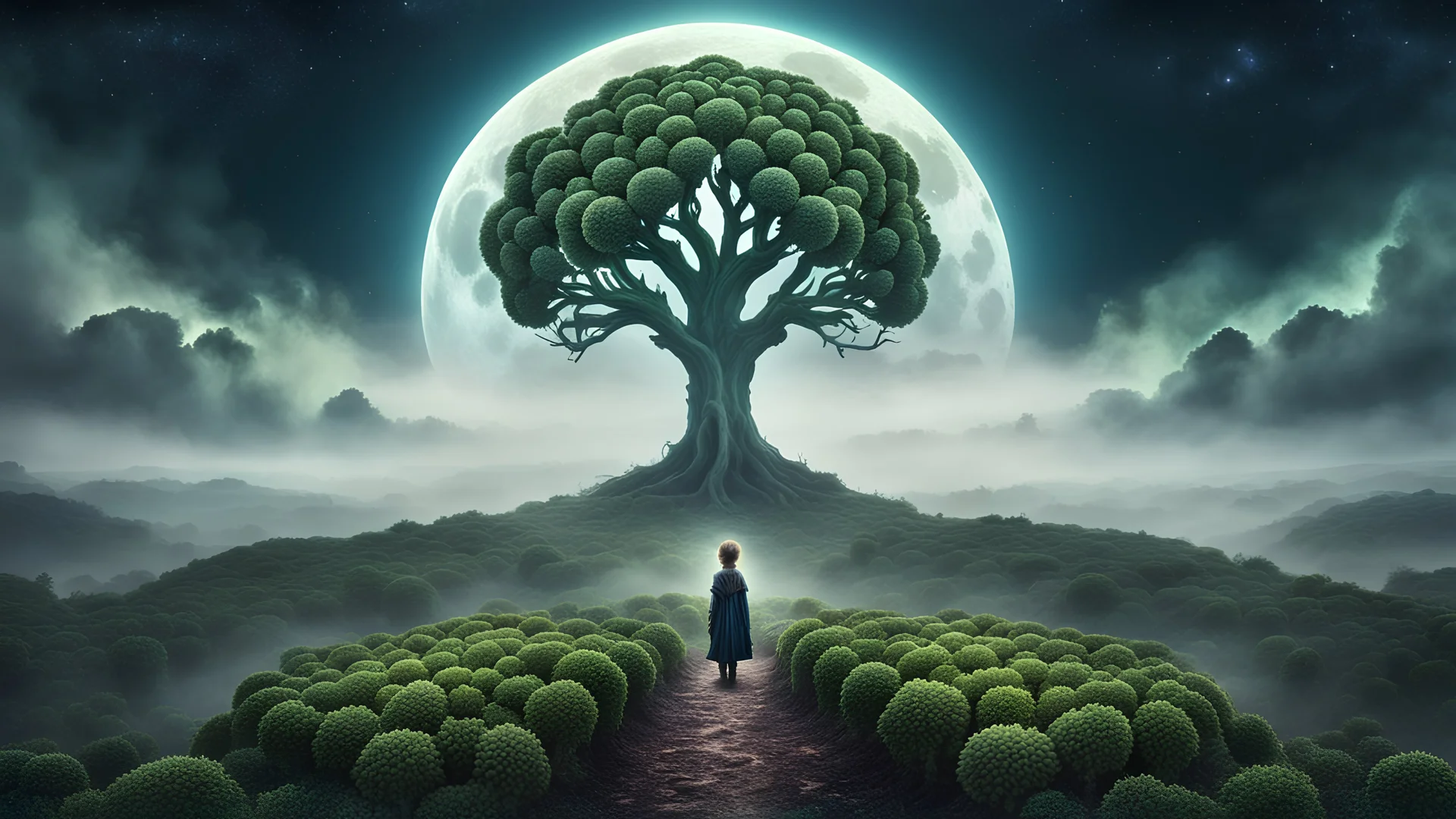 A symmetrical moon that looks like a happy origin head fractal broccoli above a landscape, a kid in a ragged dress looks up in the distance, fog, and intricate background HDR, 8k, epic colors, fantasy surrealism, in the style of gothic