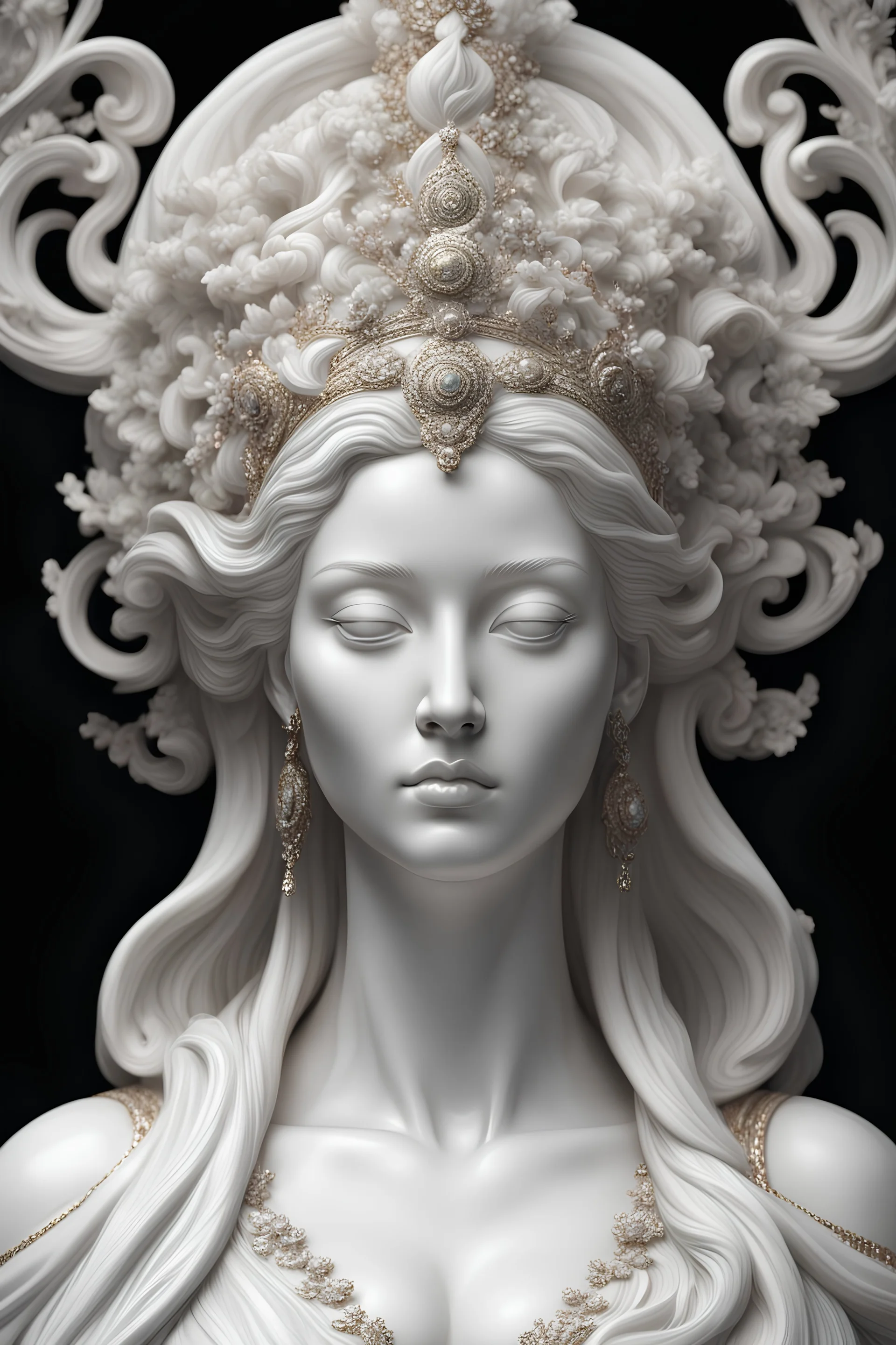 beautiful white marble woman, Empress, sculpture, beautiful, high detail, high resolution, black background, 8k, white gold