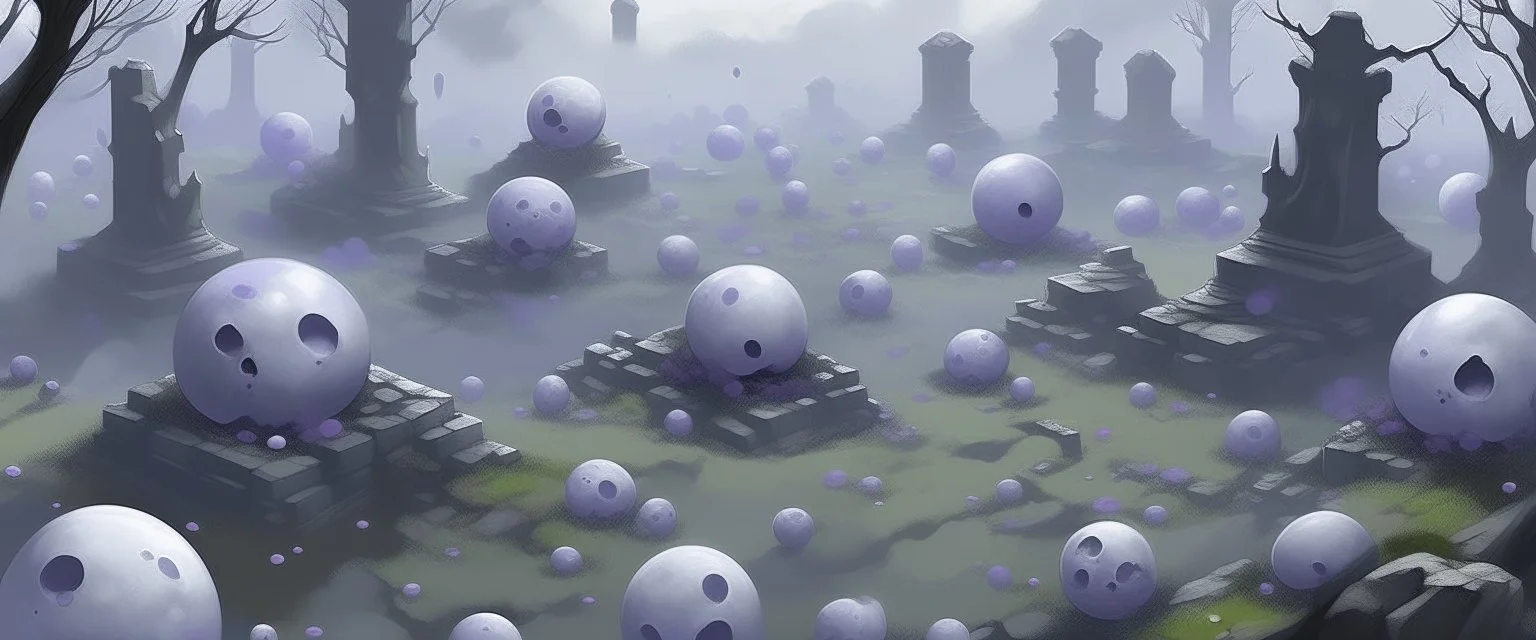 A pale grayish purple graveyard with floating orbs painted by Zosan