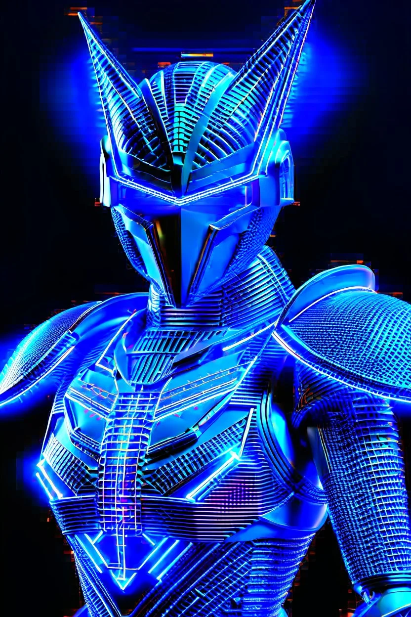 neon blue, flying parts of armor in form of triangles, cyber armor, geometric patterns on armor, male, orbiting triangle