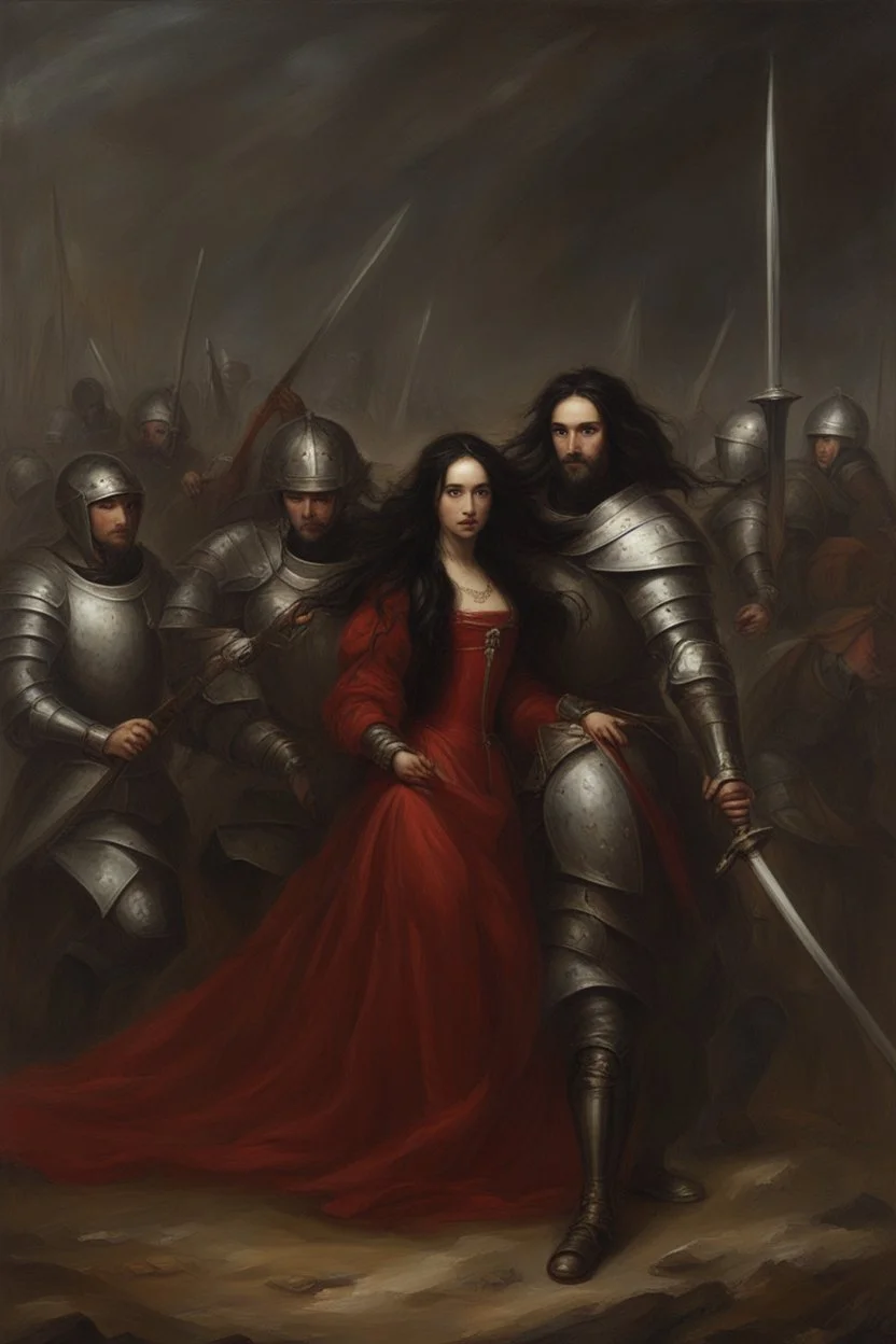 Oil painting Knights and princess wearing a dark red dress and long black hair Very in a battlefield