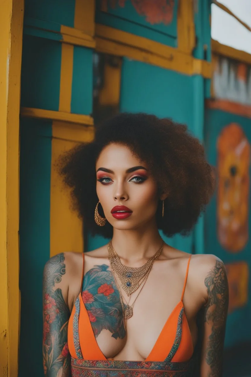 Beautiful Arab woman, petite, short, big eyes and lips, vibrant color, neck tattoo and full sleeves tattoo. , thin, tattoos connected, Full coverage chest tatoo, tattoo style complex and colorful and large drawings Fujifilm xt3 by (petra collins|roe ethridge, elllen von unwerth, Jan Saudek)