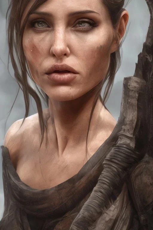 portrait head Angelina Jolie long hairs big bobs Tomb Raider