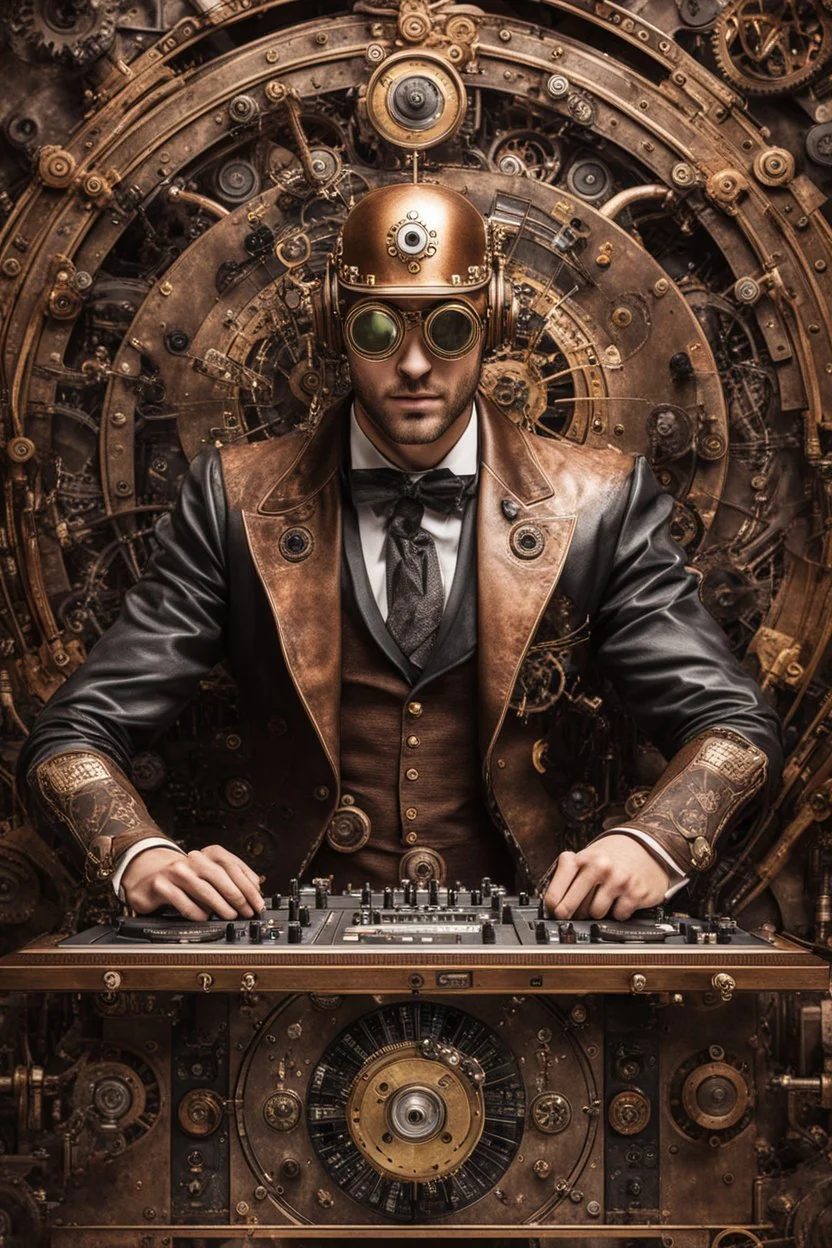 Front view Photography Realistic HD Natural Beauty Steampunk classic full mechanical man as dj player, abstract background