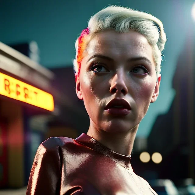 Ultra Realistic retro sci-fi movie explosion Supermarket parking people scene, 1960 year, waist up view portrait, 1 blonde women, sweet scarlet Johansson face, perfect iris, glow eyes, face makeup, tight latex coat. many people looking, Retro sci-fi style, soft color, highly detailed, unreal engine 5, ray tracing, RTX, lumen lighting, ultra detail, volumetric lighting, 3d, finely drawn, high definition, high resolution.