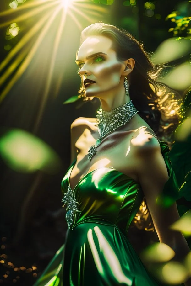 hyper realistic, ultra detailed photograph of a woman, happy, white gold jewelry, very nice dark green velvet dress ,standing fashion pose ,pretty high heels,full body shot,shiny, sunlight godrays, depth of field, HOF, hall of fame, detailed gorgeous face, apocalyptic environment, natural body posture, professional photographer, captured with professional DSLR camera, trending on Artstation, 64k, ultra detailed, ultra accurate detailed, bokeh lighting, surrealism, Thomas Kinkade background, urba