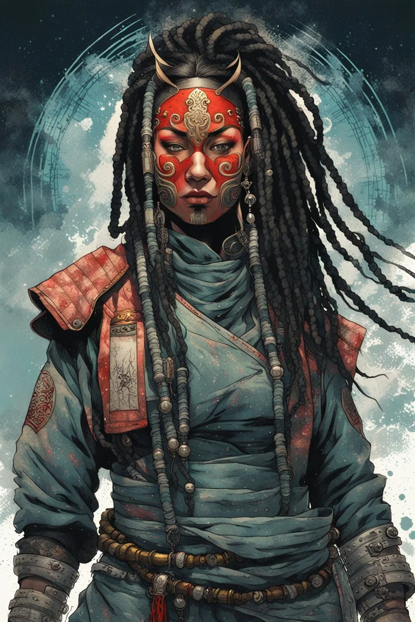 front facing full length portrait illustration of a grunge armored female , beaded dreadlock hair, cyberpunk vampire mercenary wearing an ornate japanese oni demon noh mask , and shemagh, highly detailed with gritty post apocalyptic textures, caught in a cosmic maelstrom of swirling gases , finely detailed facial features and hair, in the graphic novel style of Bill Sienkiewicz, and Jean Giraud Moebius, ink wash and watercolor with realistic light and shadow