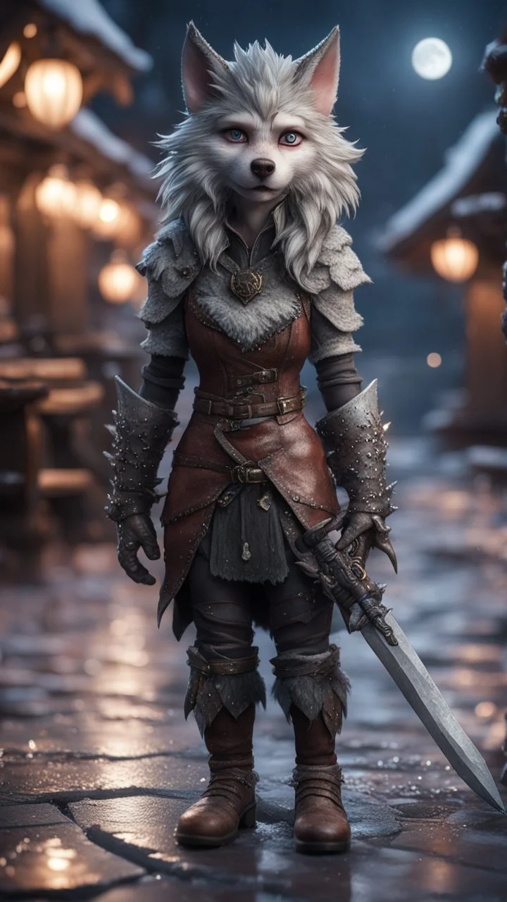 wolfs mane,moon, full figure with metallic stone gauntlets holding dark jagged dagger, standing on frozen wet tiled floor outside fantasy tavern, focused female brownie vampire gnome from worms armageddon wearing makeup, bokeh like f/0.8, tilt-shift lens 8k, high detail, smooth render, down-light, unreal engine, prize winning