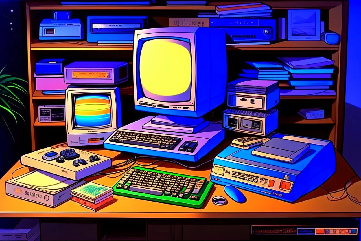 retro anime style, serious 1990s OVA anime style, retro tech on a desk, Magneto-optical disk, floppy disk, Hard disks, ram, VHS, Retro pc, slight watercolor, no humans