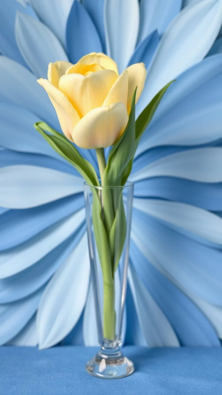 Yellow Rose in a long nice crystal vase, The background should be composed of blue petals that gradually transition to a creamy butter-colored center, with the petal tips delicately tinted in a noble, pale blue. The transitions between colors should be seamless and smooth, with no sharp edges, giving the petals an ethereal, veil-like, silky appearance. Focus on capturing the soft texture and gentle flow of the tulip petals, creating a dreamy and elega