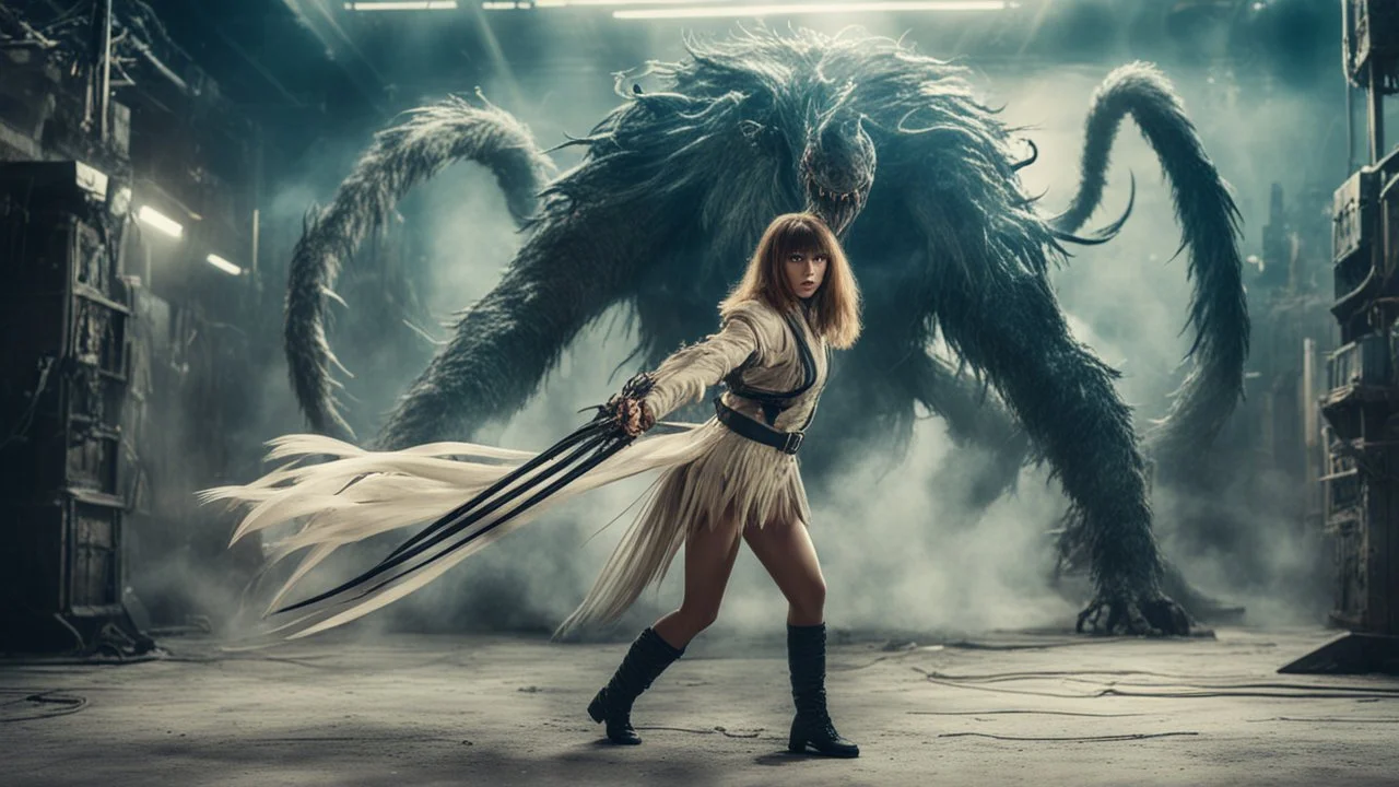 Full-body retro photo of a woman with straight hair and a Fringe, in a fight with a monster, wrapped in tenacles, in an action pose, sci-fi Background