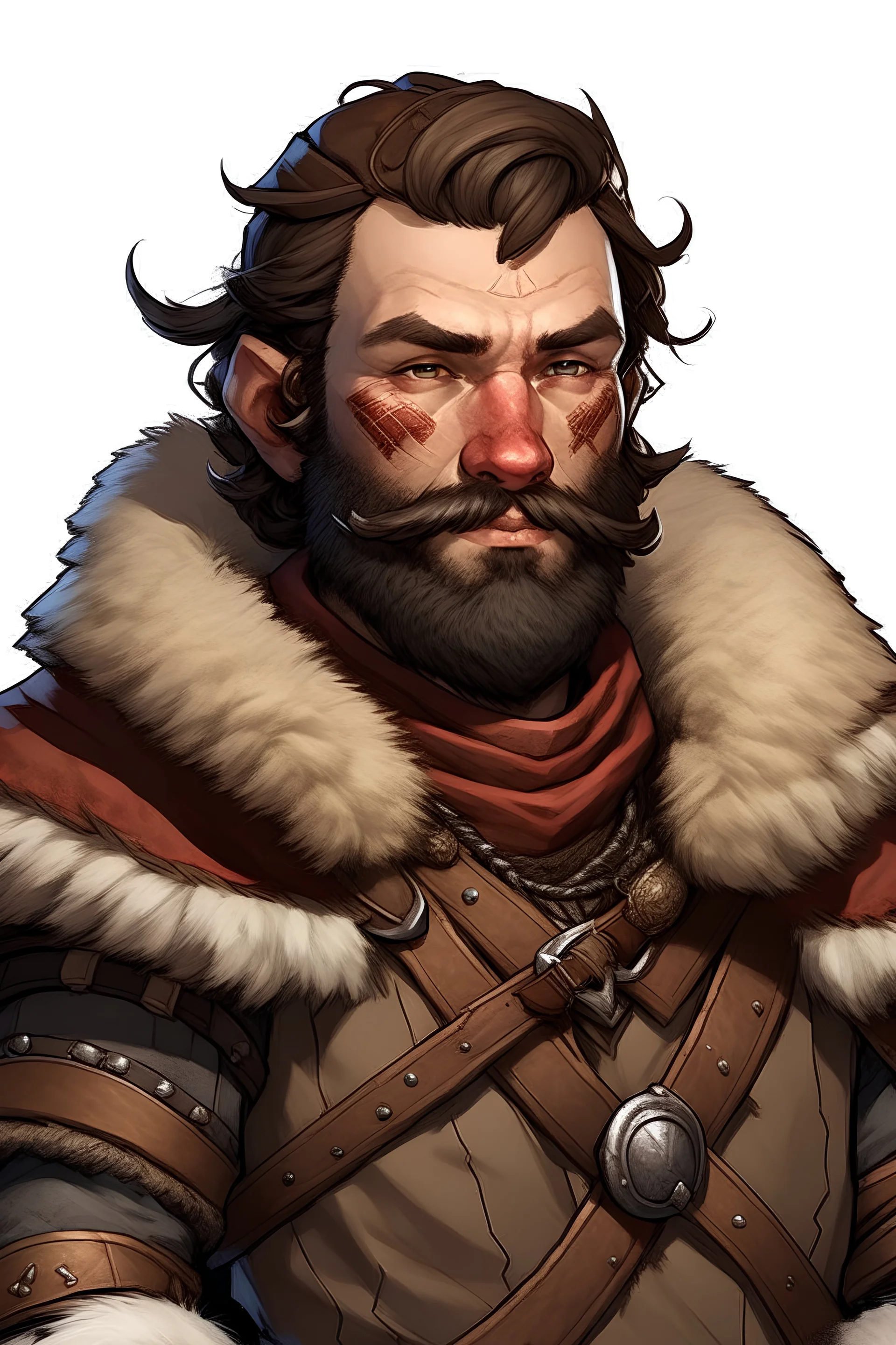 Dungeons and Dragons human barbarian with mutton chops, a stern look, and wearing winter clothes.