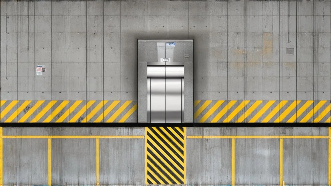 wall design for parking garage, concrete, yellow marking lines, hazard lines, weathering and water stains, elevator doors in middle.