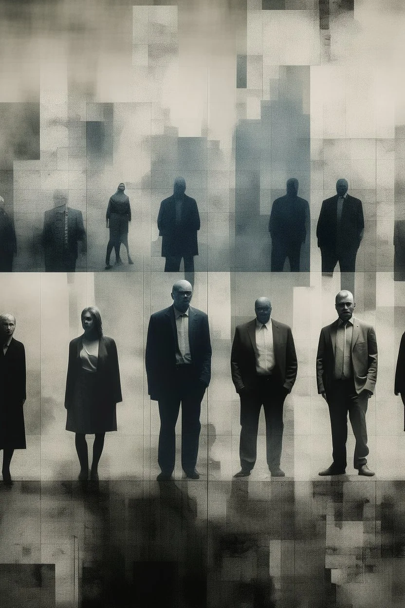 a distressing, haunting image of a people in square segments