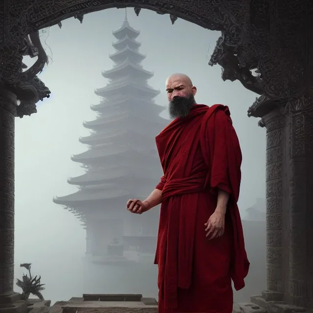 Portrait of a monk, fog, distant Asian temple, profile, grim, dark, Frank Frazetta, Greg Rutkowski, hyperdetailed, dnd, trending on Artstation, Splash screen art, dynamic lighting, hyperdetailed, intricately detailed, a masterpiece, 8k resolution, high contrast, bearded, red robe,