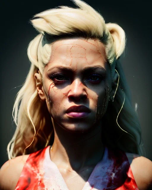 portrait, Shakira, blonde artist, angry, Realistic image, MMA robe, hoodie, mma gloves, loose long hair, eyes, make-up, gold line make-up, moisture, sweat, fog, goddess, Neon colors, leds. Black background, photo studio, concept art, smooth, unreal engine 5, god lights, ray tracing, RTX, lumen lighting, ultra detail, volumetric lighting, 3d, finely drawn, high definition, 4k.