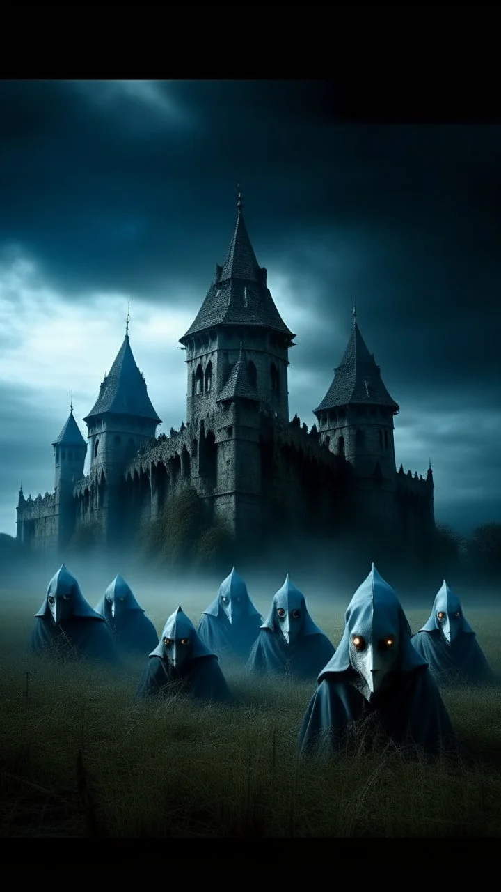 A group of scary large hooded evils figures with glowing white eyes looking at you . A big castle in the background in a blue and gray ,cloud of stormy weather , ultra hi quality picture with cinematic science, tragedy, A big field of grass near front view