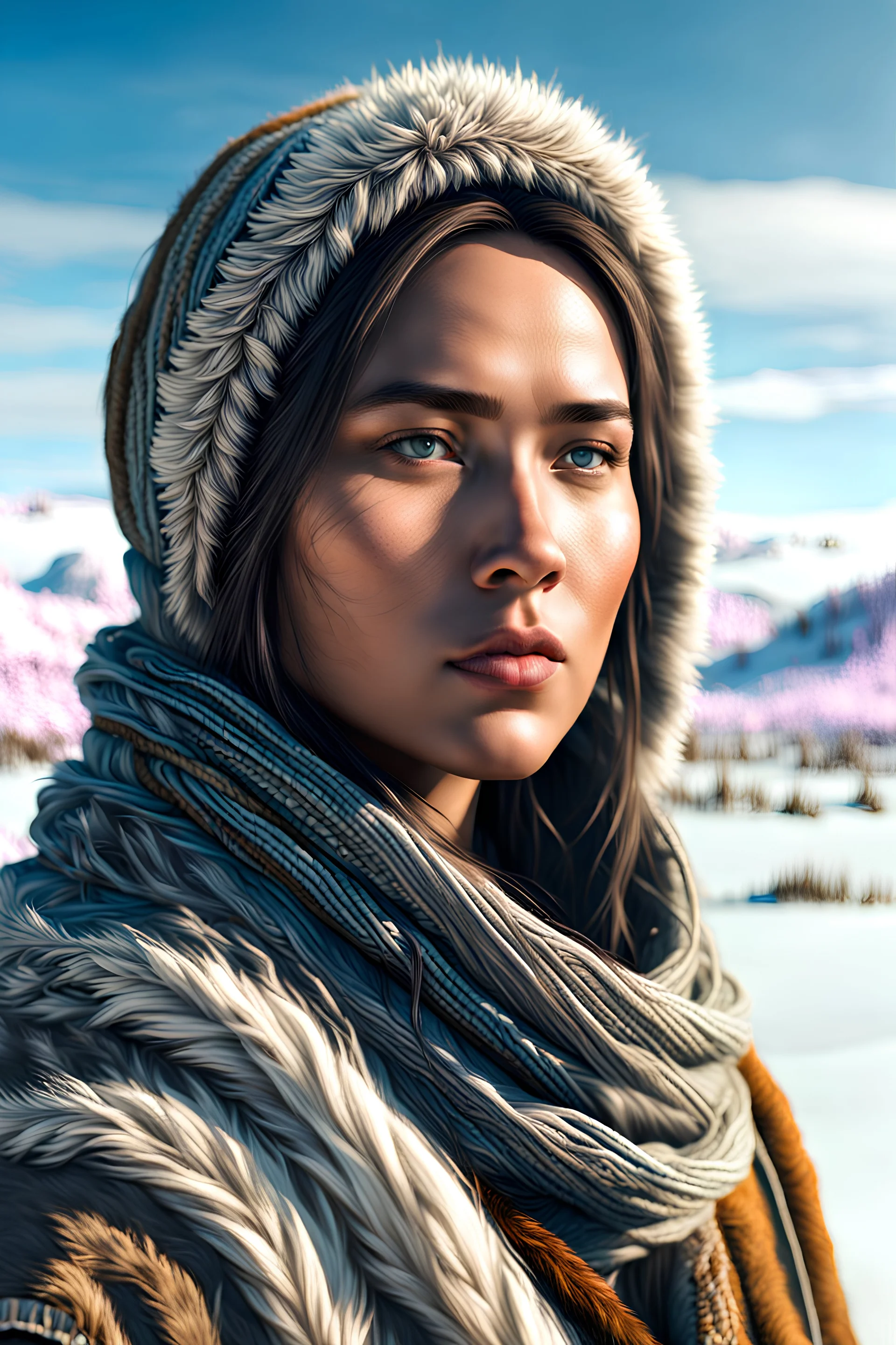 create a young, otherworldly lost Siberian nomadic female wanderer with highly detailed, sharply lined and deeply weathered facial features in a desolate tundra steppe landscape , in natural winter tundra colors, 8k,