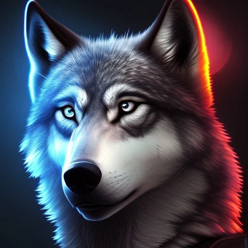 epic coolest wolf with black fur and blue piercing blue eyes in the night with black shade, from the side, neon blue flames, 8k resolution, ultra hyperdetailed, Unreal Engine 5, ultra colorful, very small details, realistic