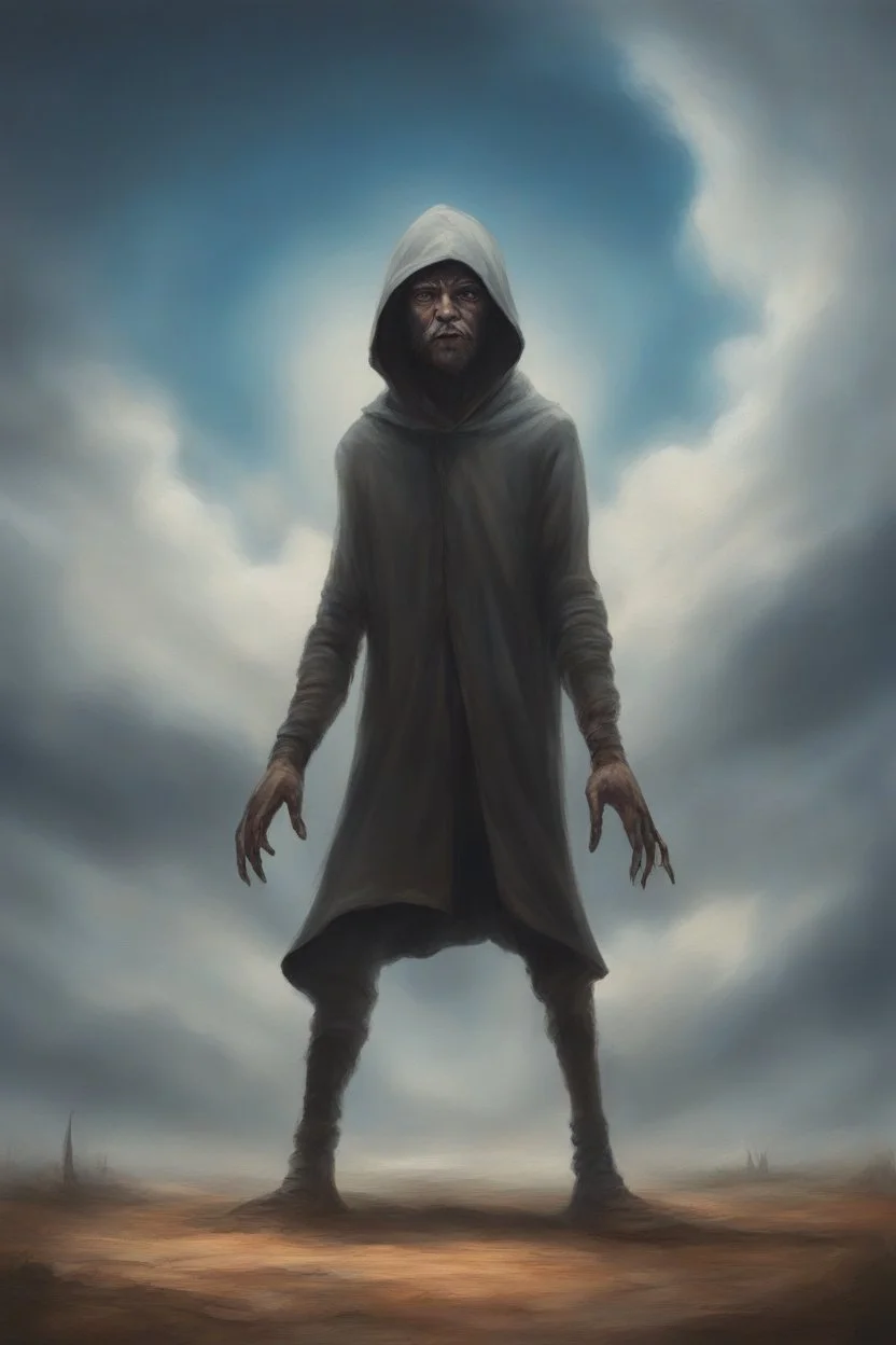The hooded giant man who has a face looks like an ant. Open his arms and look at the sky .Busch painting style
