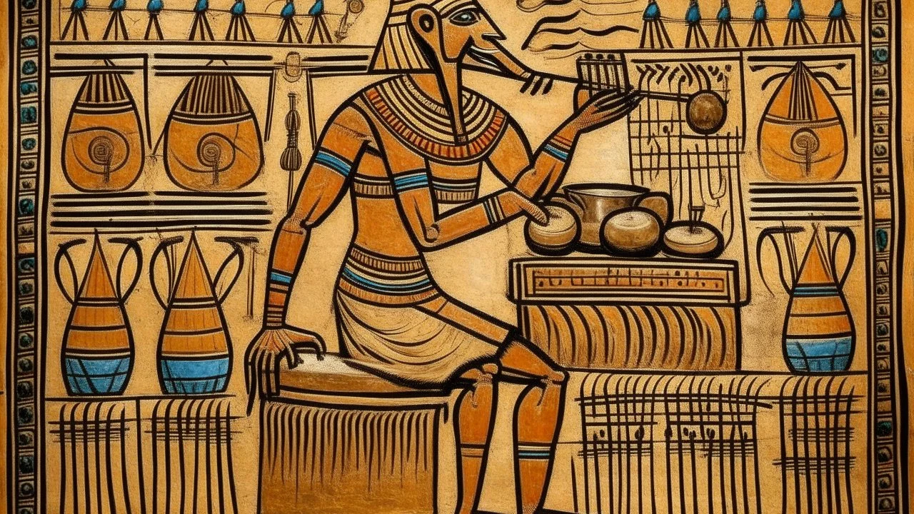 An ancient Egyptian mural of an Egyptian animal god using a drum machine to make music.