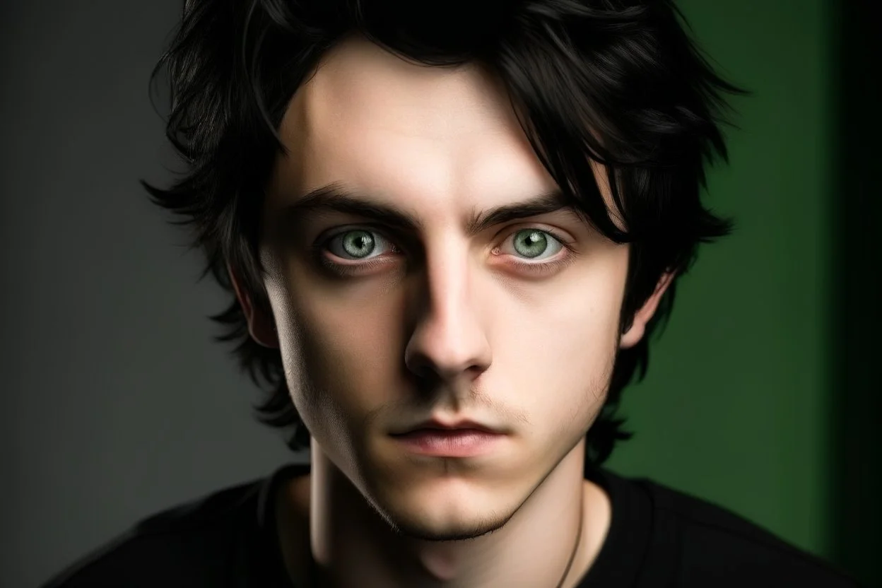 a young white male with messy black hair and green eyes