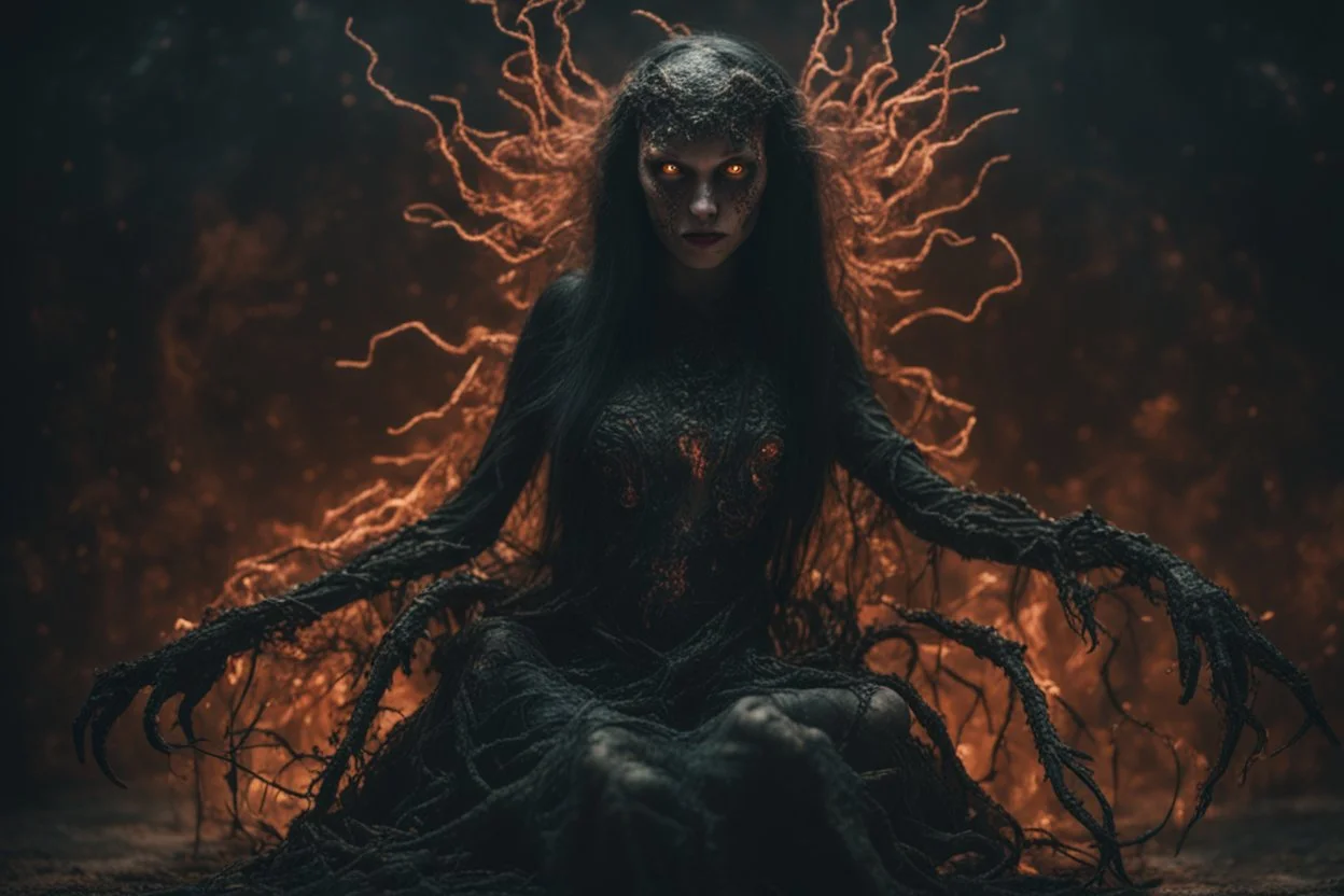 Demon girl wizard vintage girl amorphous limbs, fullbody, creepy, horrifying, sinister, many worms parasite creature connected to the head and hands, sparks around her, sparks cybernetic, intricate, 8k, macro photography,