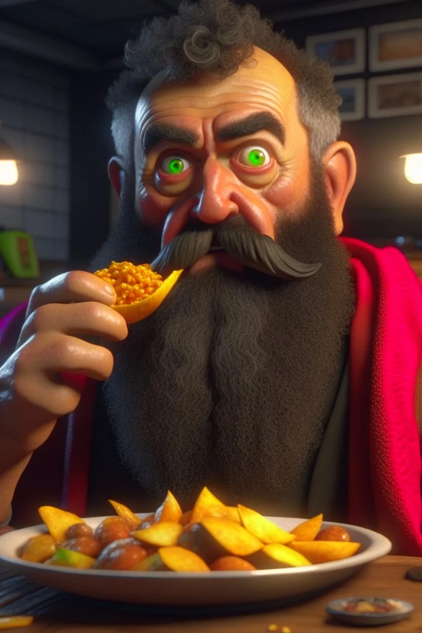 4K full realism, Karatéka bearded eating a pack of chips