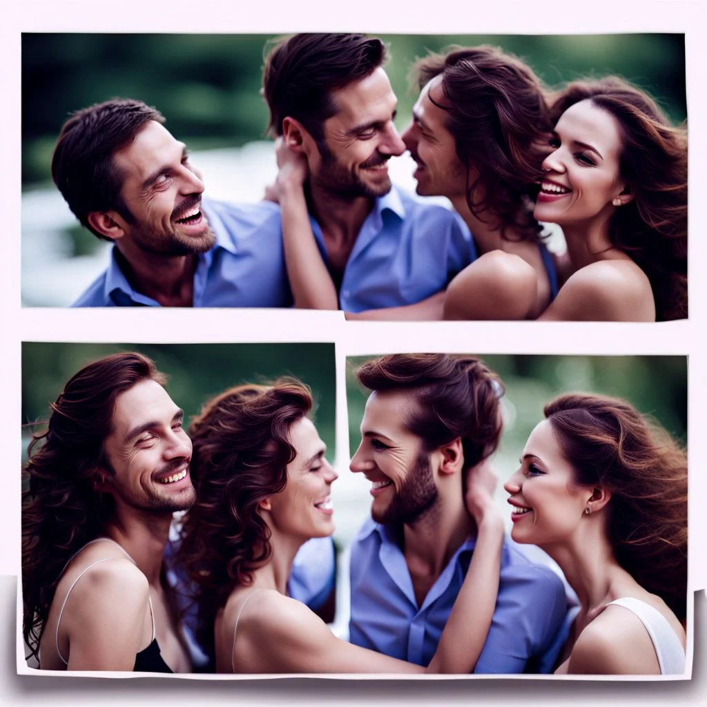 Four pictures of two people (a man and a woman) who will be very happy because of each other.