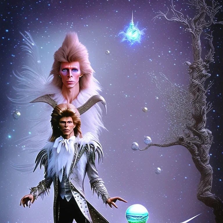 david bowie, white owl feather fancy clothes, Jim Henson's The Labyrinth, Jareth the goblin king, crystal ball in hand, wearing spandex grey leggings with a crotch bulge, labyrinth stairs going in every direction, broken world, stars in background