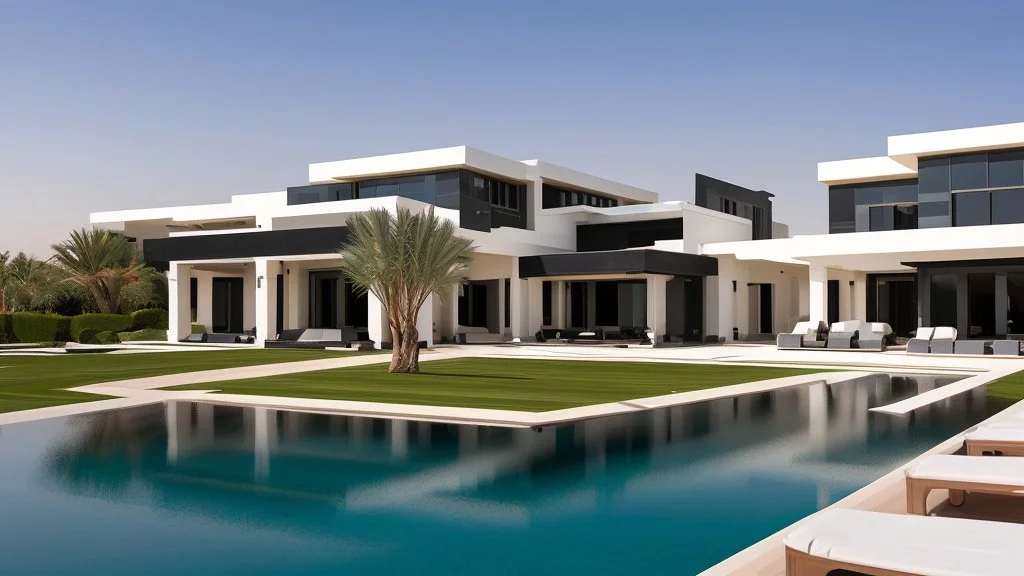 Description of a modern Emirati style villa: Located on a magnificent piece of land in the heart of the Emirates, our villa embodies the finesse of design and detailing that promises a luxurious residential experience. This two-story villa, with its elegant and contemporary spaces, stands out. The exterior walls of the villa are made of black and white stones, adding an elegant and luxurious touch to the design.Pictures of the villa from four sides