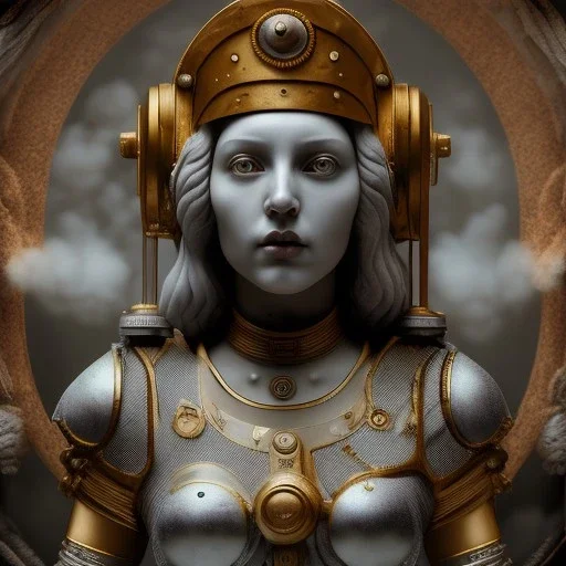 a greek marmor statue of athena, steam punk, scary, horror, realistic, made in octane, cinematic, movie, CGI, ultra-realistic, extremely detailed octane rendering, 8K, VRAY Super Real ar 2:3, dof photorealistic futuristic 50mm lens hard lighting dark gray tintype photograph, realistic lighting, sephia colors