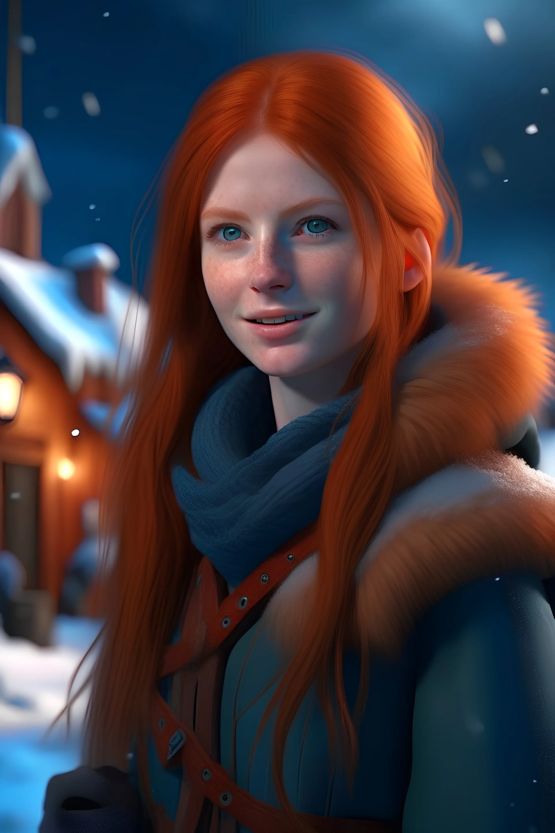 highly detailed full medium shot of pitfighter ginny weasley young bonnie wright, small breasts, freckles, muscular, baby blue eyes, big eyes, long straight orange red hair, cheeky smile, winter village, heavy winter clothes, boots, cinematic angle, modelshoot style, extremely detailed CG unity 8k wallpaper,