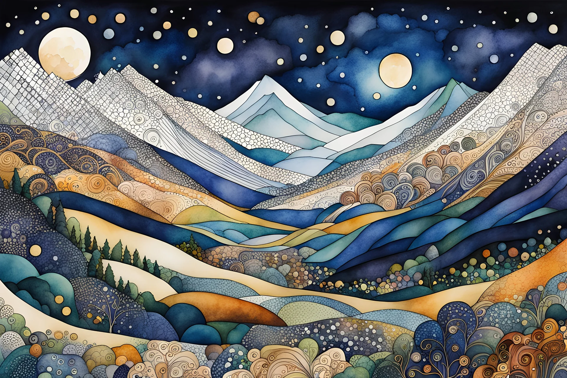 random watercolor Zentangle patterns in the styles of Gustav Klimt ,Wassily Kandinsky, Alphonse Mucha, and Kay Nielsen that depicts a a lonely valley , high in the Caucasus mountain, cast in the deep shadows of a midnight moon, highly detailed, with fine ink outlining