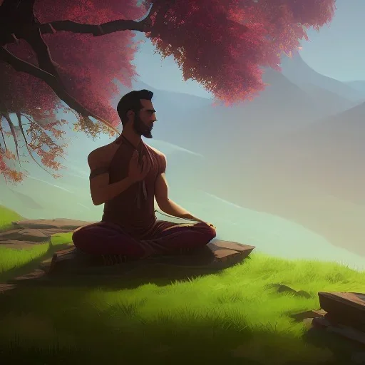 A powerful hindu yogi doing meditation under tree in Himalayas, day light, hd, hyper realistic