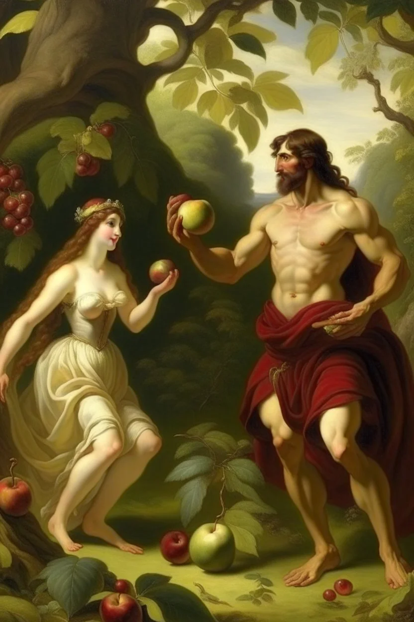 Carmen tempts adam with an apple in the garden of Eden