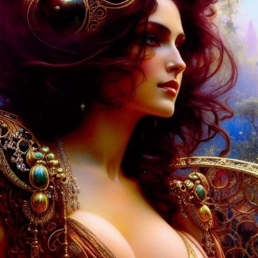 Drawing of beautiful face, Busty Bella,sweet stare, ancient metal armor, balanciaga fashion clothe painting by gaston bussiere, greg rutkowski, yoji shinkawa, yoshitaka amano, tsutomu nihei, donato giancola, tim hildebrandt, ink and pencil on canvas, cinematic composition, extreme detail,fit full head inside picture,16k