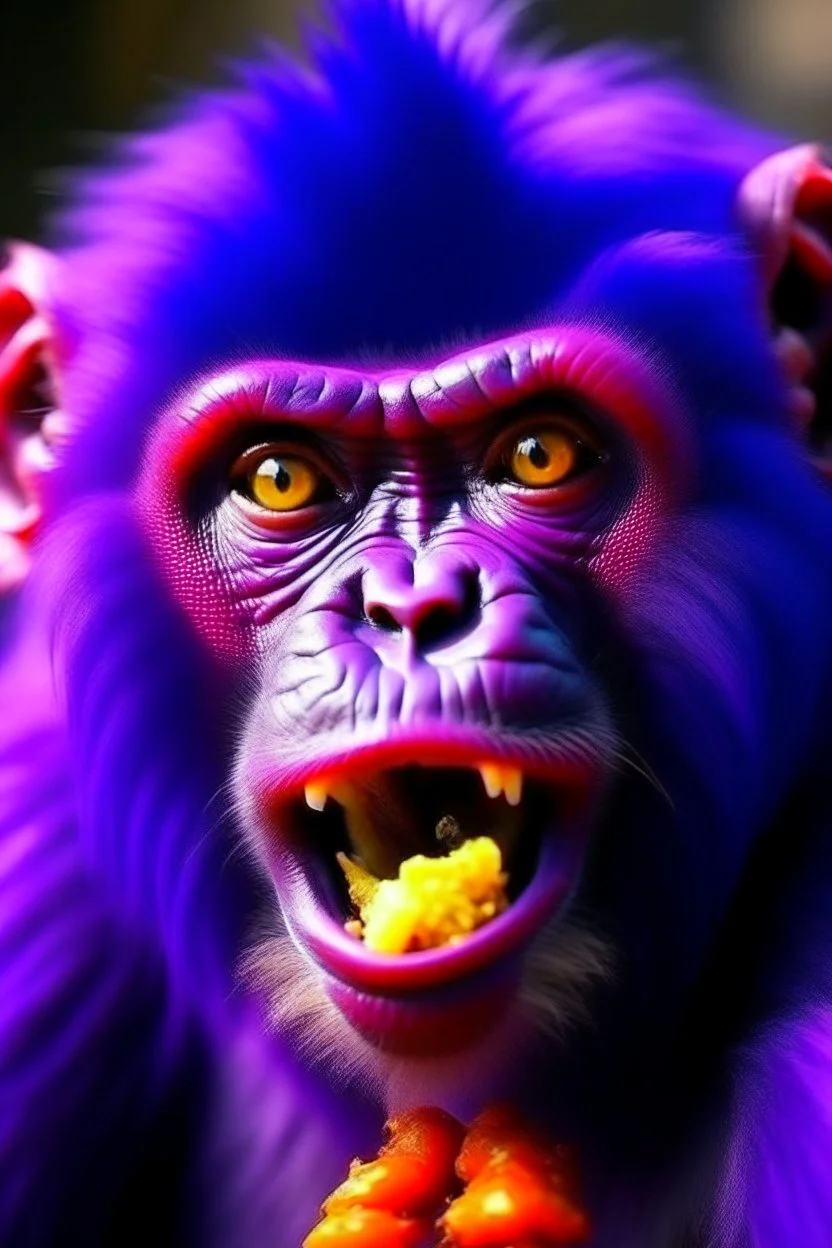 big purple monkey with spicy pepper in mouth