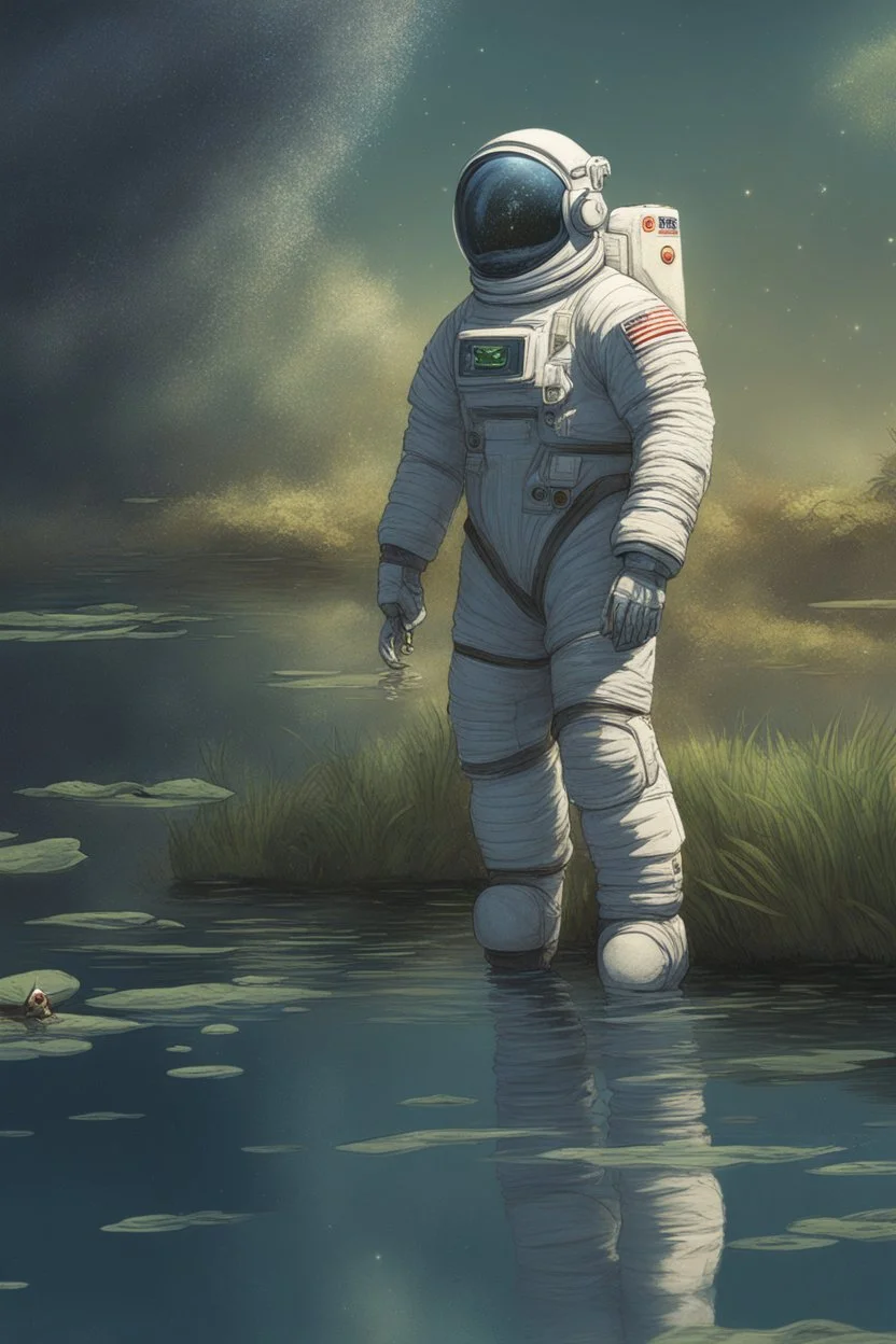 [scifi] A man in spacesuit around a pond