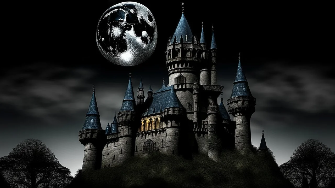 A black shadowy castle with moons painted by Antoni Gaudi