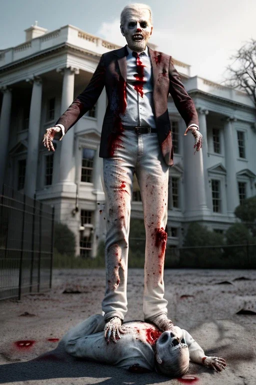 Ultra realistic image, joe biden zombie, zombie performance, soft skull, grey eyes, blood, torn arm, night, walking twisted, waist up view, thriller style, dark ambient, highly detailed, White House background, concept art, unreal engine 5, god rays, ray tracing, RTX, lumen lighting, ultra detail, volumetric lighting, 3d, finely drawn, high definition, high resolution.