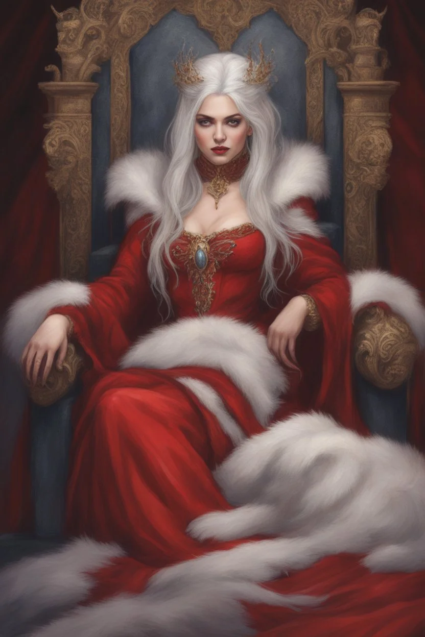 Beautiful white haired Vampire queen on her throne, drawing. Wearing a red cloak with a fur collar. Portrait, waist up