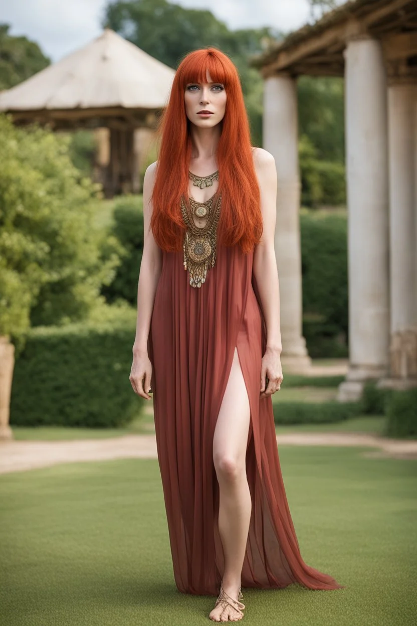 full body and headshot of a skinny Cleopatra, with long straight red hair, in a floaty dress, standing on a village green