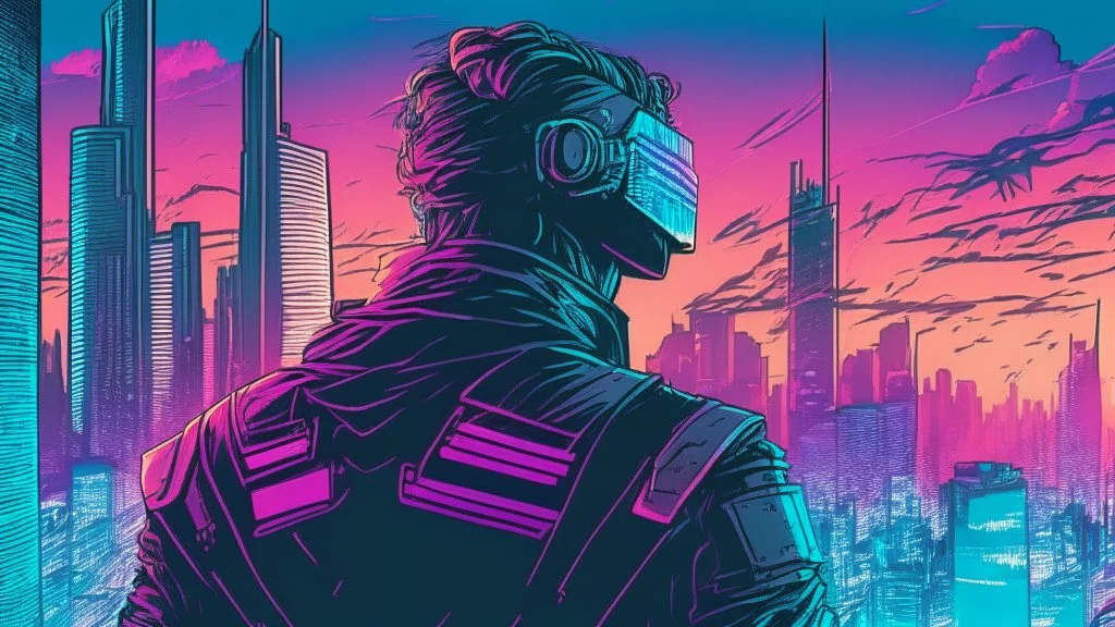 Clear Focus, High resolution, Cyberpunk skyline, comic style