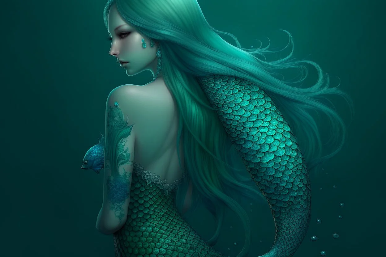 old mermaid, shimmering turquoise tail, tattoo, high resolution, Artstation trends, fine details, 8K