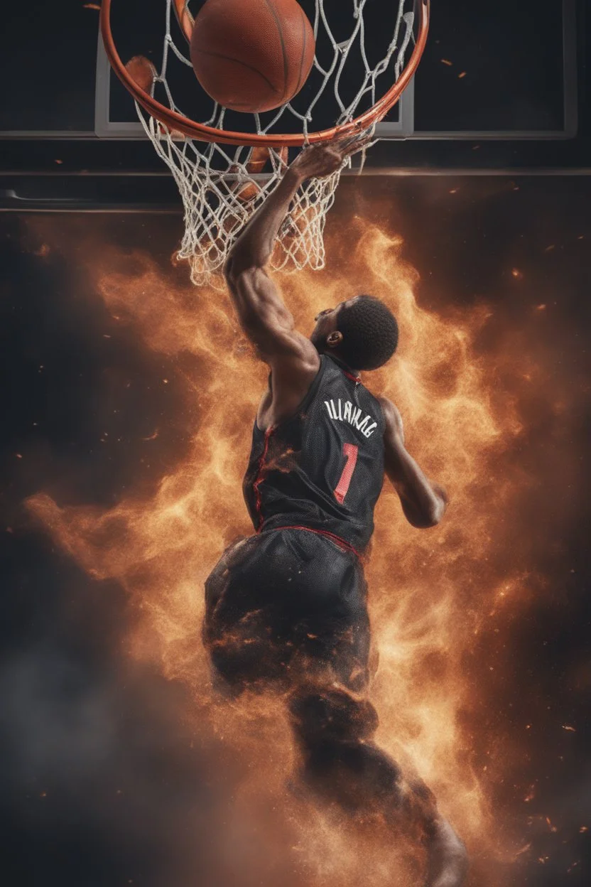 8k, highly realistic and detailed image of a NBA basketball player in action dunking the ball in the net, sweaty hair, screaming look,action and smoke and flames background